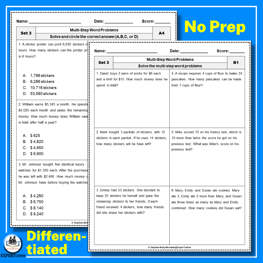 Multi Step Word Problems Worksheets Addition Subtraction Multiplication And Division Word Problems SET 3 Classful