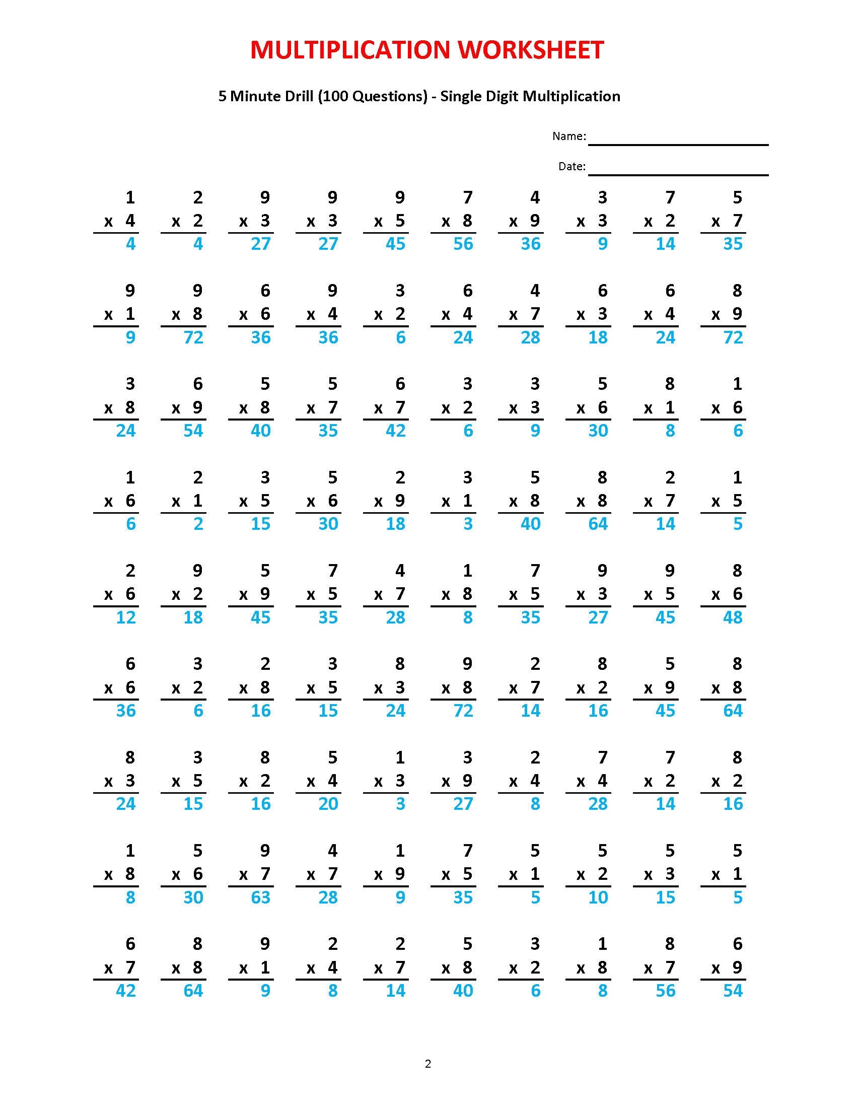 Multiplication 5 minute Drill 10 Math Worksheets With Answers PDF Etsy
