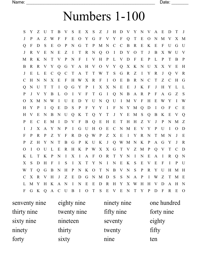 Numbers 1 100 Word Search WordMint Numbers 1 100 Word Search WordMint
