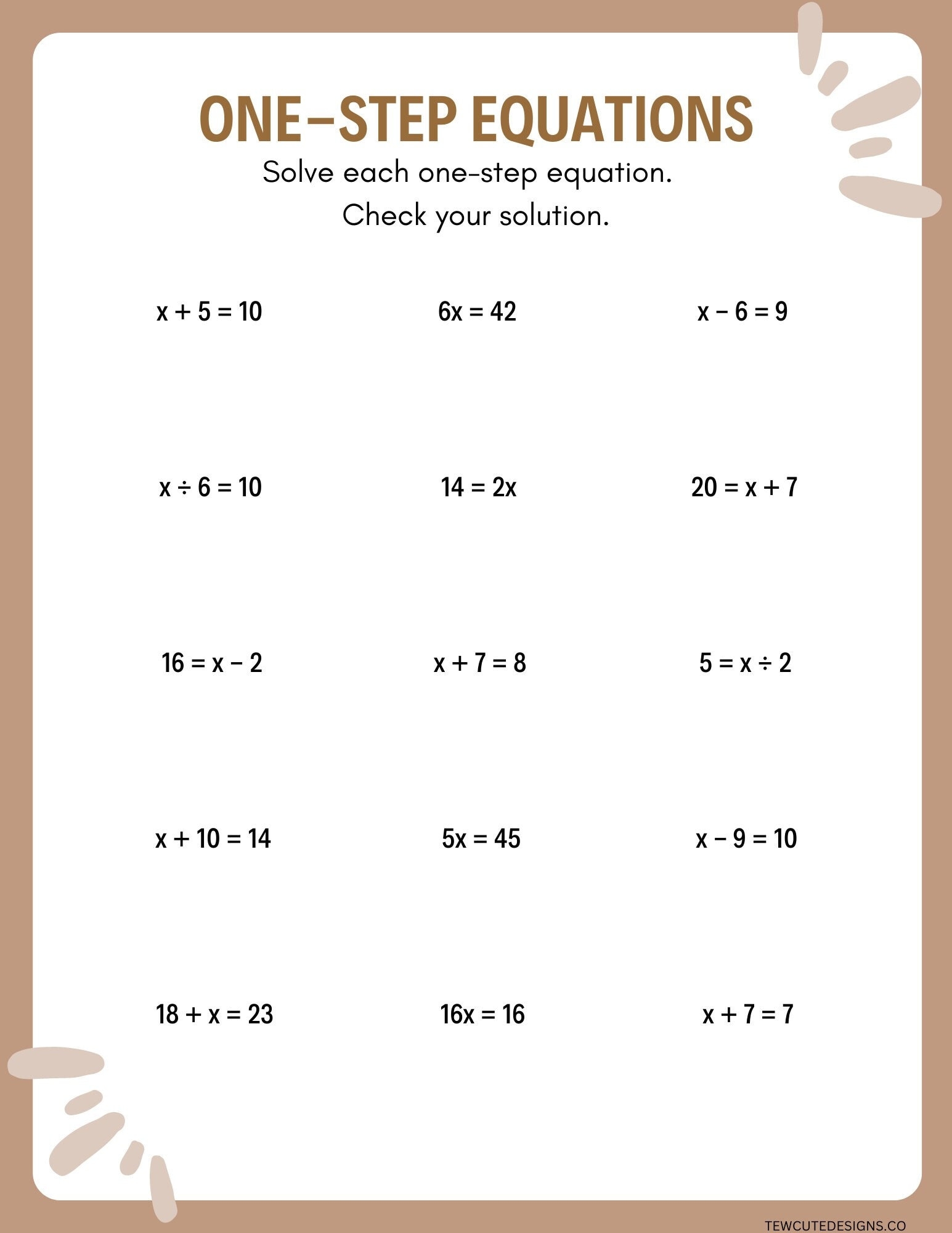 One Step Equations Worksheets Etsy