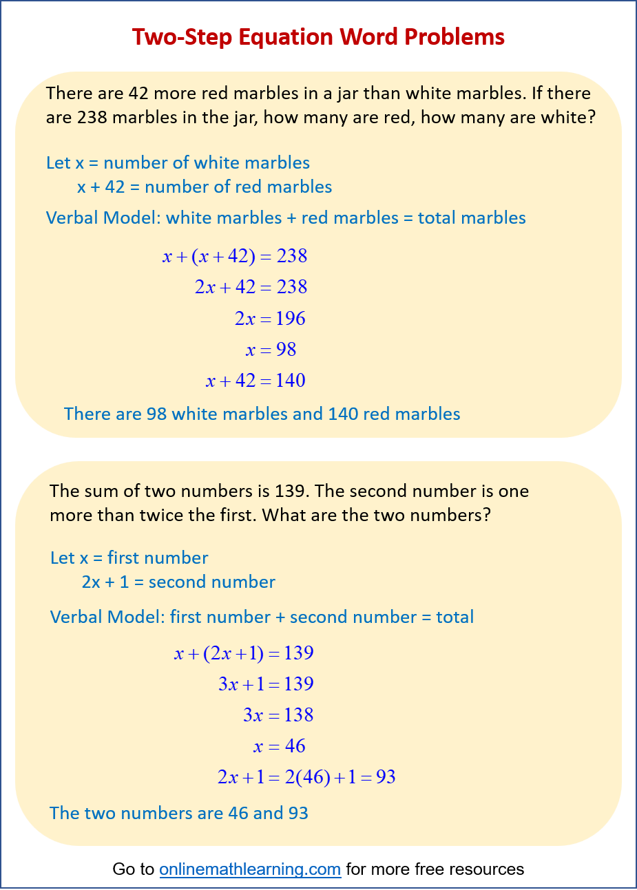 One Step Two Step Equation Word Problems examples Videos Worksheets Solutions Activities 