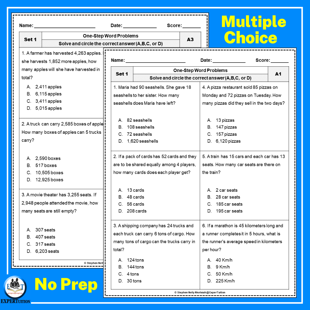 One Step Word Problems Worksheets Addition Subtraction Multiplication And Division Word Problems SET 1 Classful