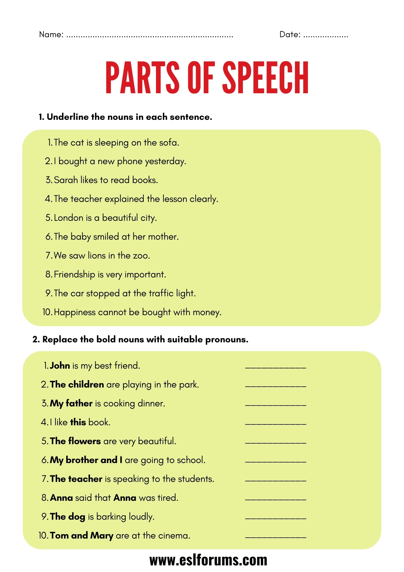 Parts Of Speech Worksheets And Exercises ESL Forums