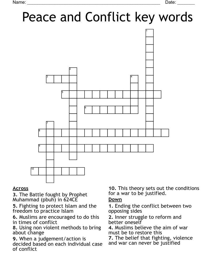 Peace And Conflict Key Words Crossword WordMint