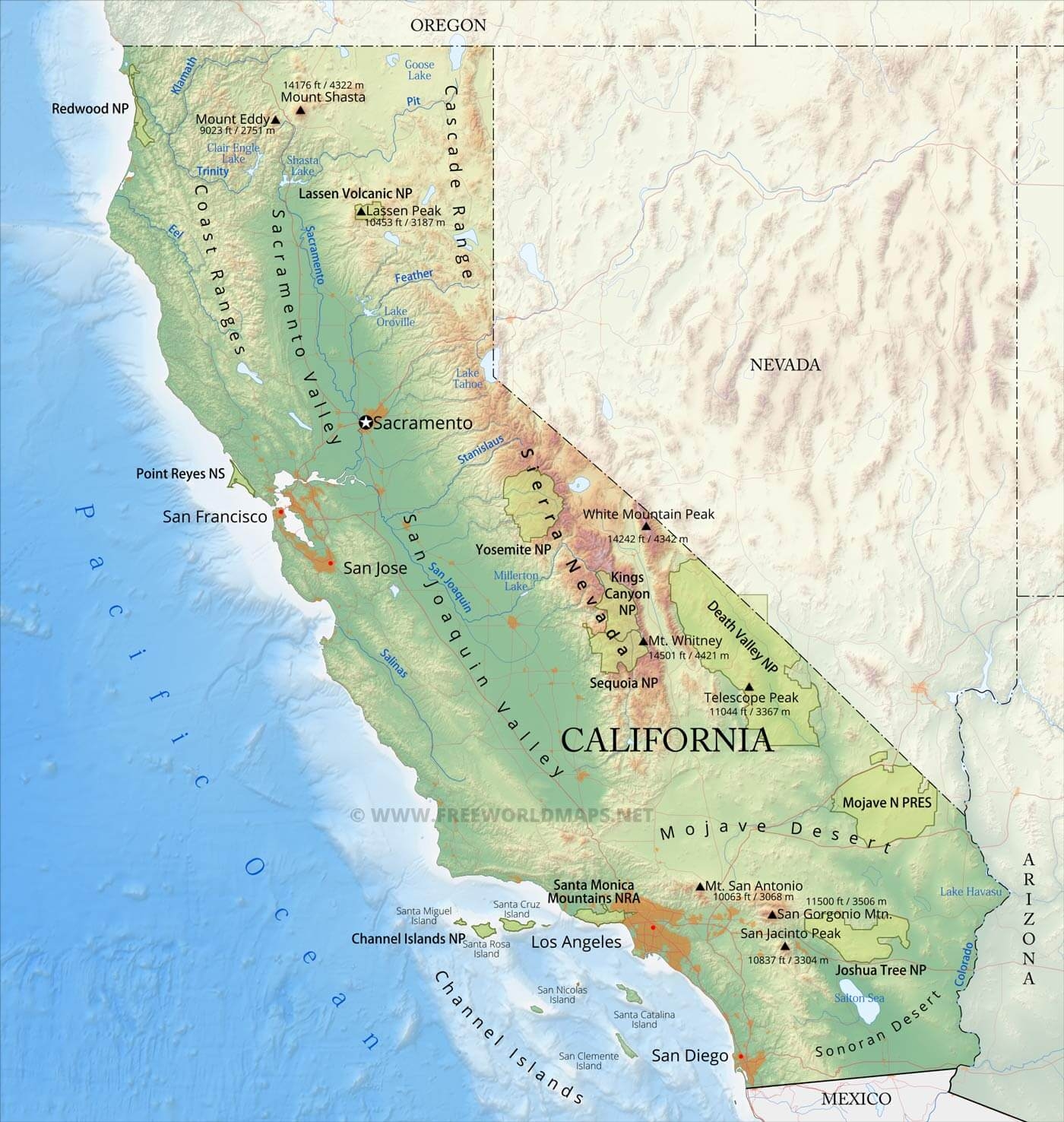 Physical Map Of California Physical Map Of California