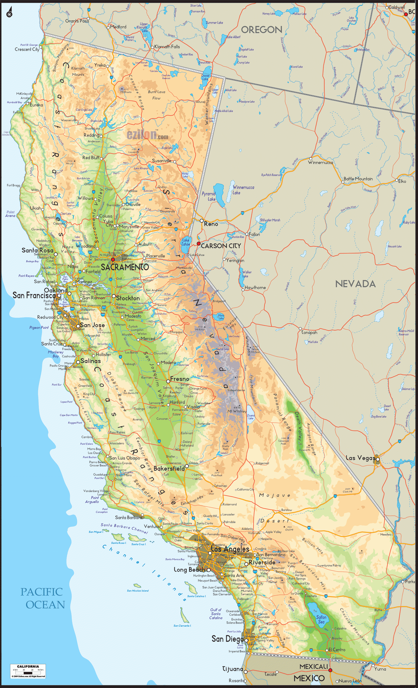 Physical Map Of California With Mountains Valleys Deserts Lakes And Rivers Ezilon Maps Physical Map Of California With Mountains Valleys Deserts Lakes And Rivers Ezilon Maps