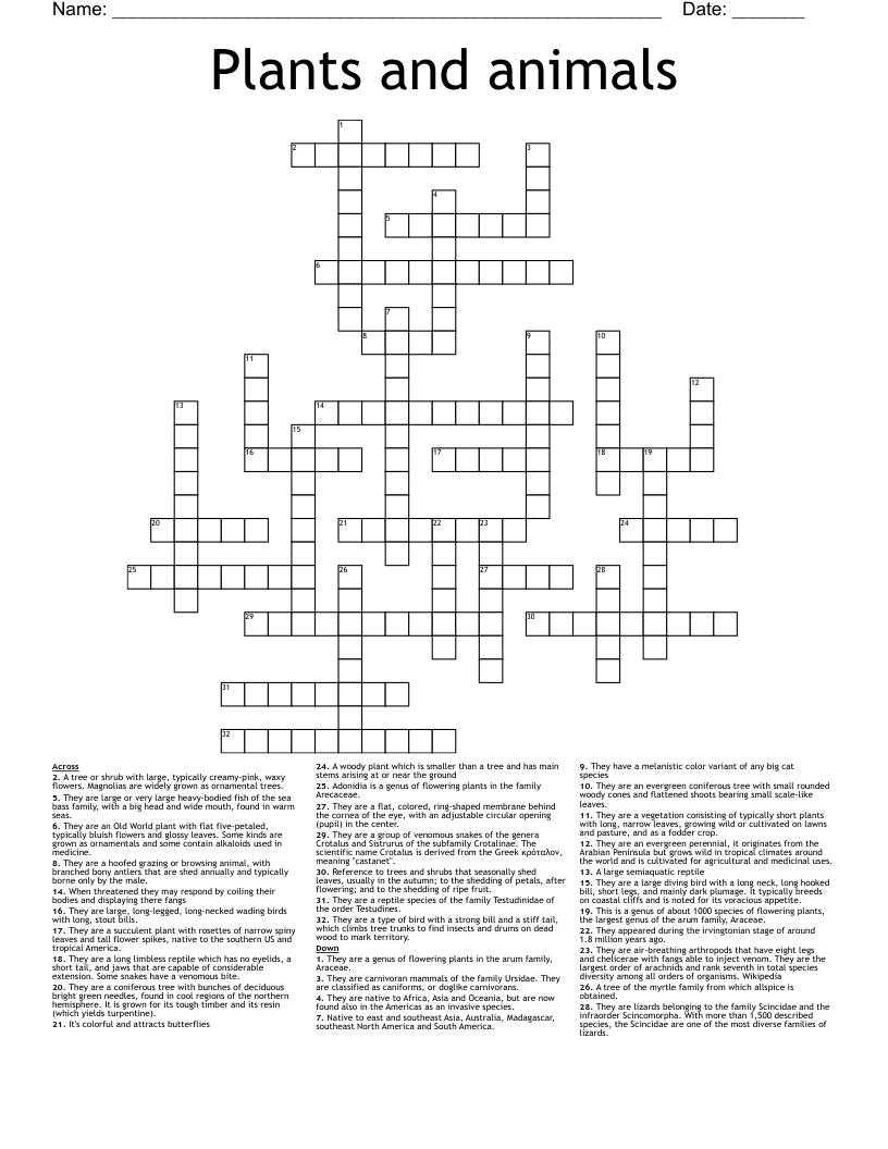 Plants And Animals Crossword WordMint Plants And Animals Crossword WordMint