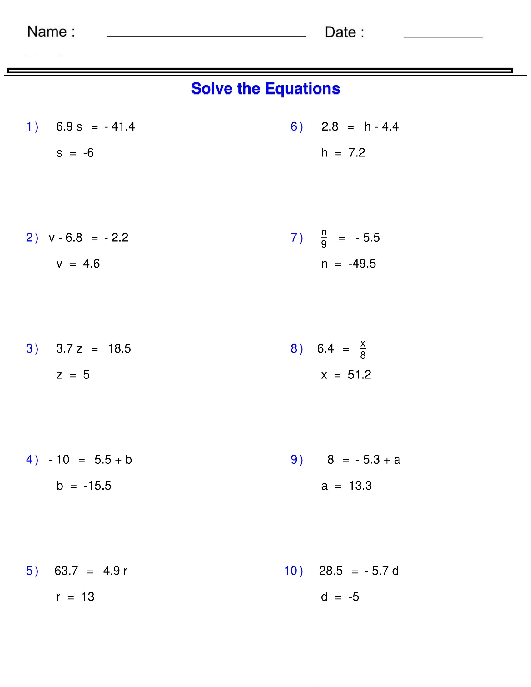 Pre Algebra Equations One Step Equations Containing Decimals Worksheets Made By Teachers Pre Algebra Equations One Step Equations Containing Decimals Worksheets Made By Teachers
