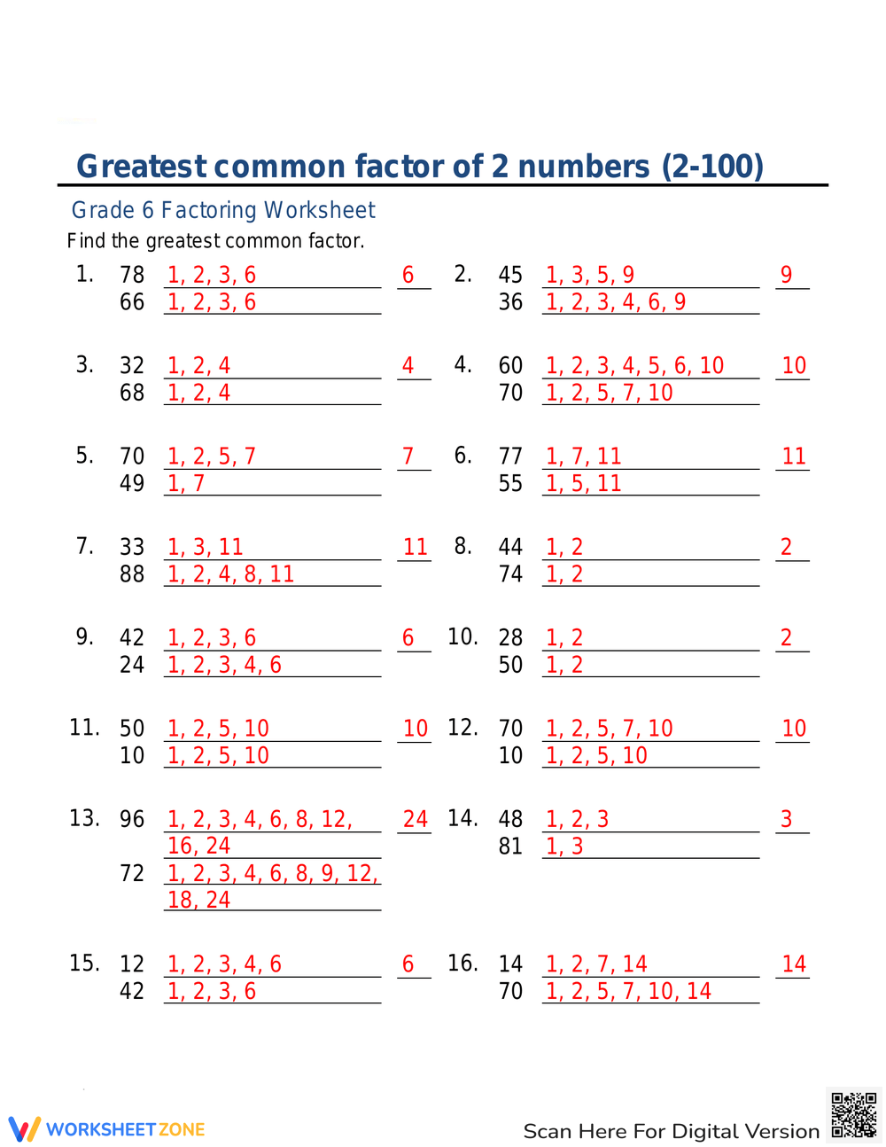 Printable 5th Grade Greatest Common Factor Worksheets