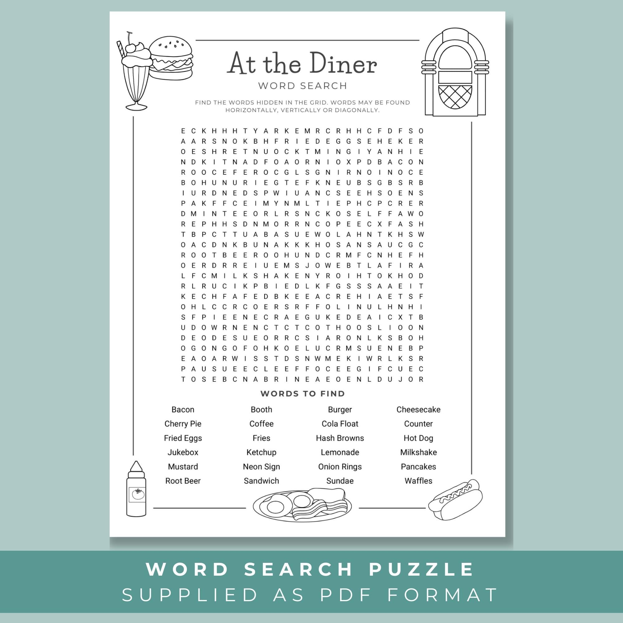 Printable Diner Word Search Retro Coloring Page 1950s Diner Theme Activity Sock Hop Party Game Self Care Printable For Adults And Teens Etsy