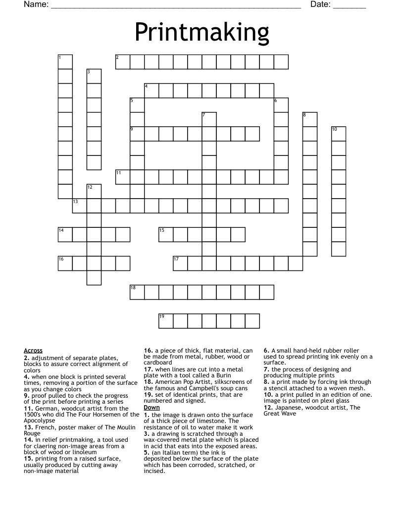 Printmaking Crossword WordMint Printmaking Crossword WordMint