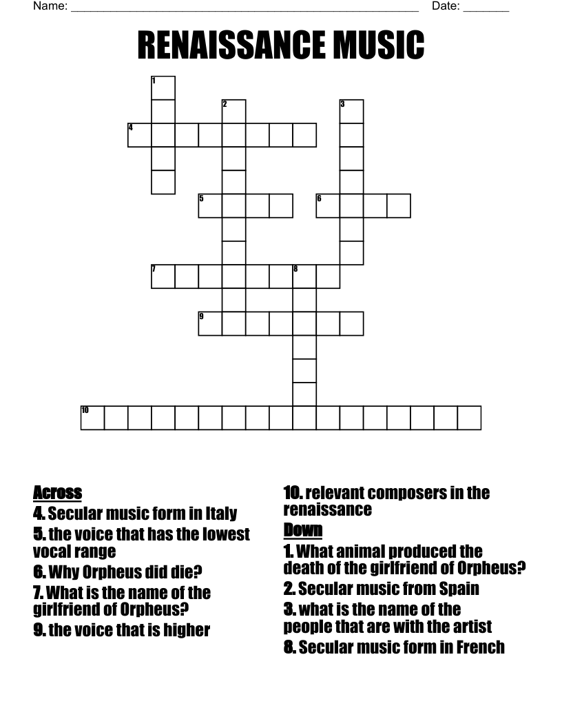 RENAISSANCE MUSIC Crossword WordMint RENAISSANCE MUSIC Crossword WordMint