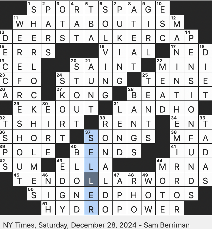Rex Parker Does The NYT Crossword Puzzle Infamous Bushranger Kelly SAT 12 28 24 Beverage That Begins With A Bee Fans Flip For It What s Left Of F1 Feature