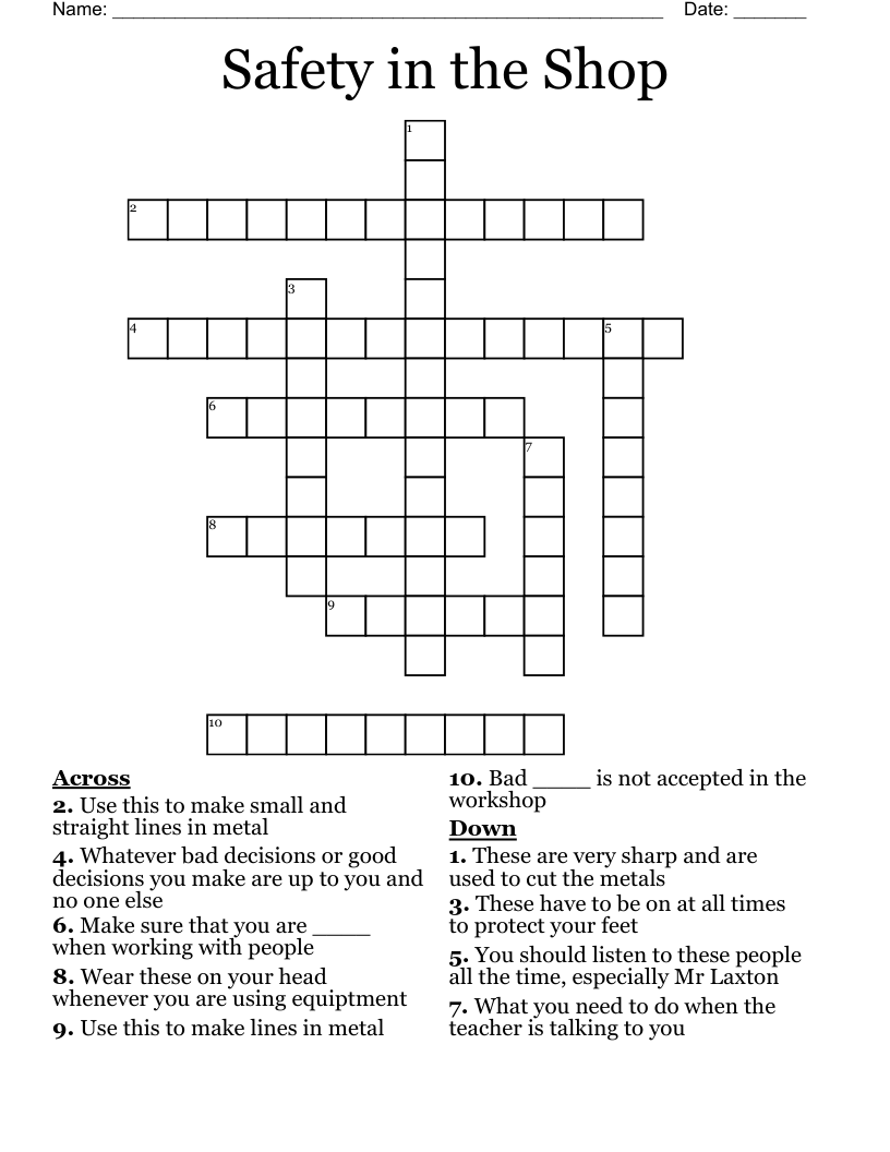 Safety In The Shop Crossword WordMint