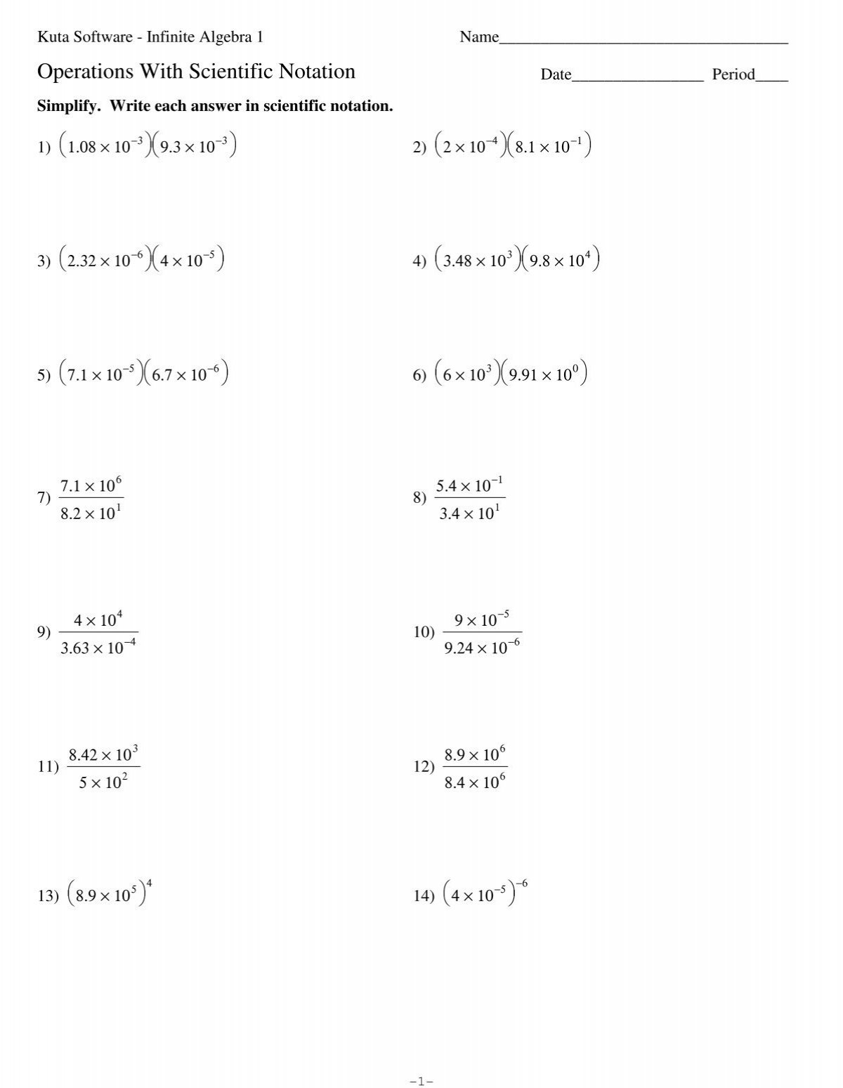 operations with scientific notation worksheet