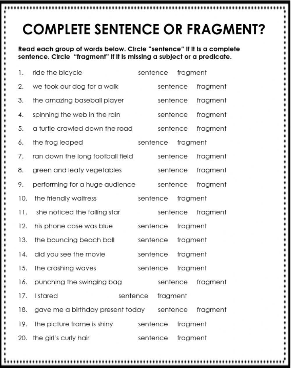 Sentence Fragment Practice Worksheet Worksheets Library