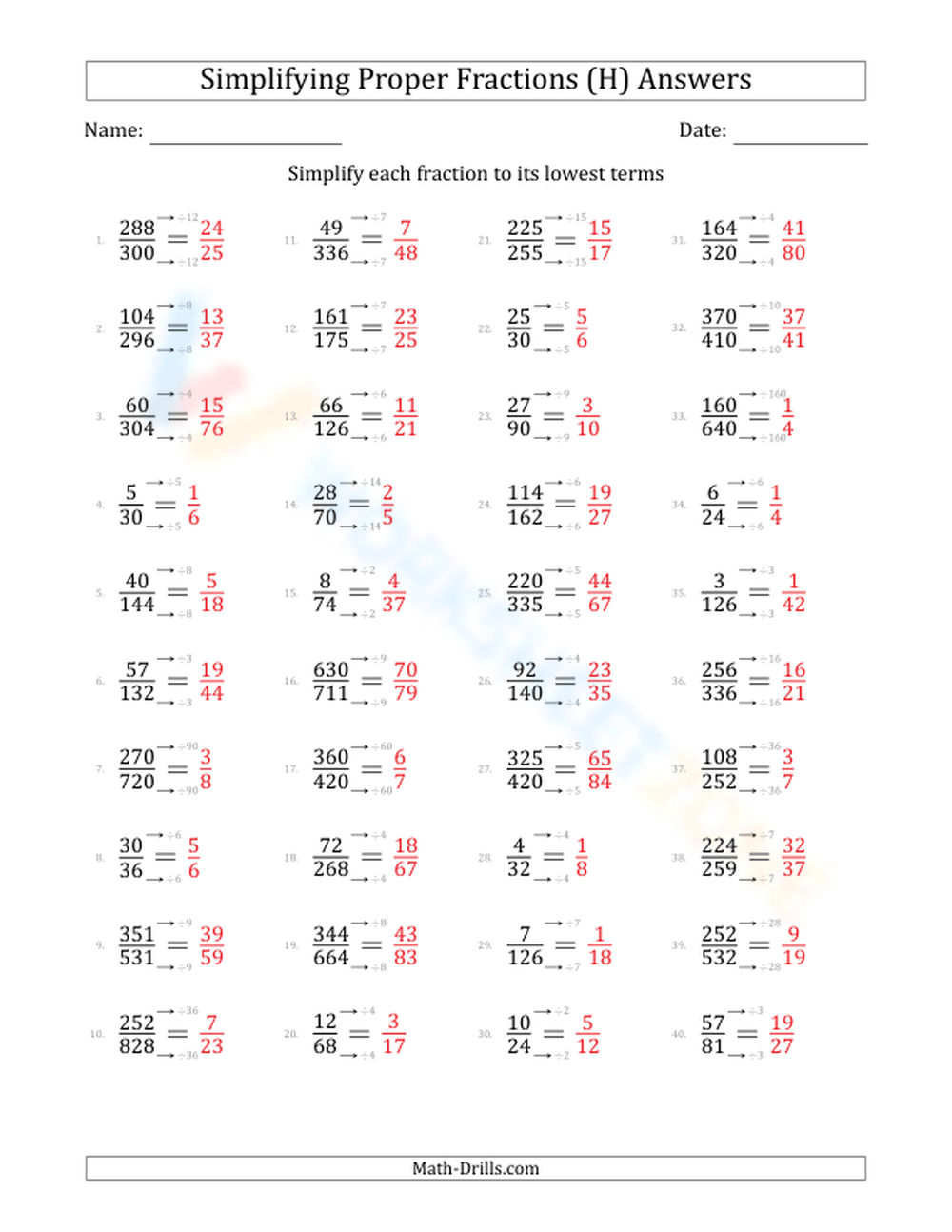 Simplify Fractions hard 8 Worksheet