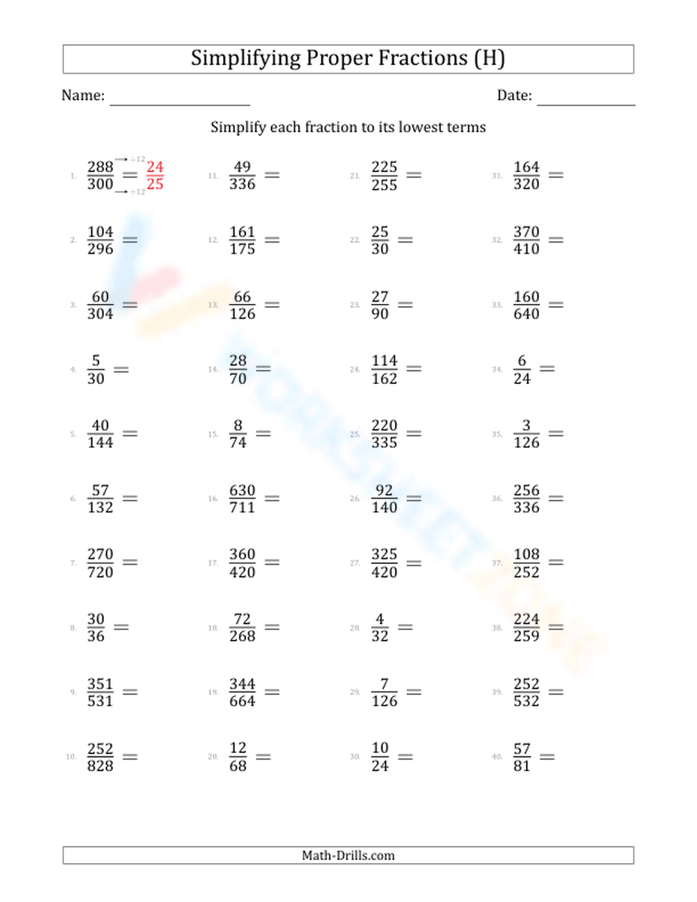 Simplify Fractions hard 8 Worksheet