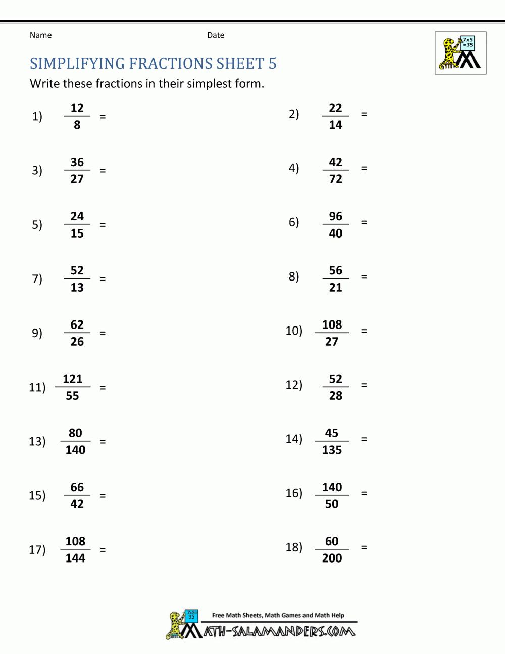 Simplifying Fractions Worksheet Simplifying Fractions Worksheet