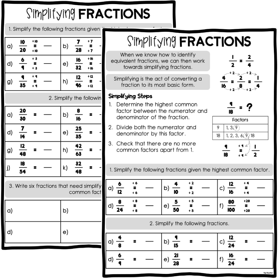 simplification of fractions worksheet