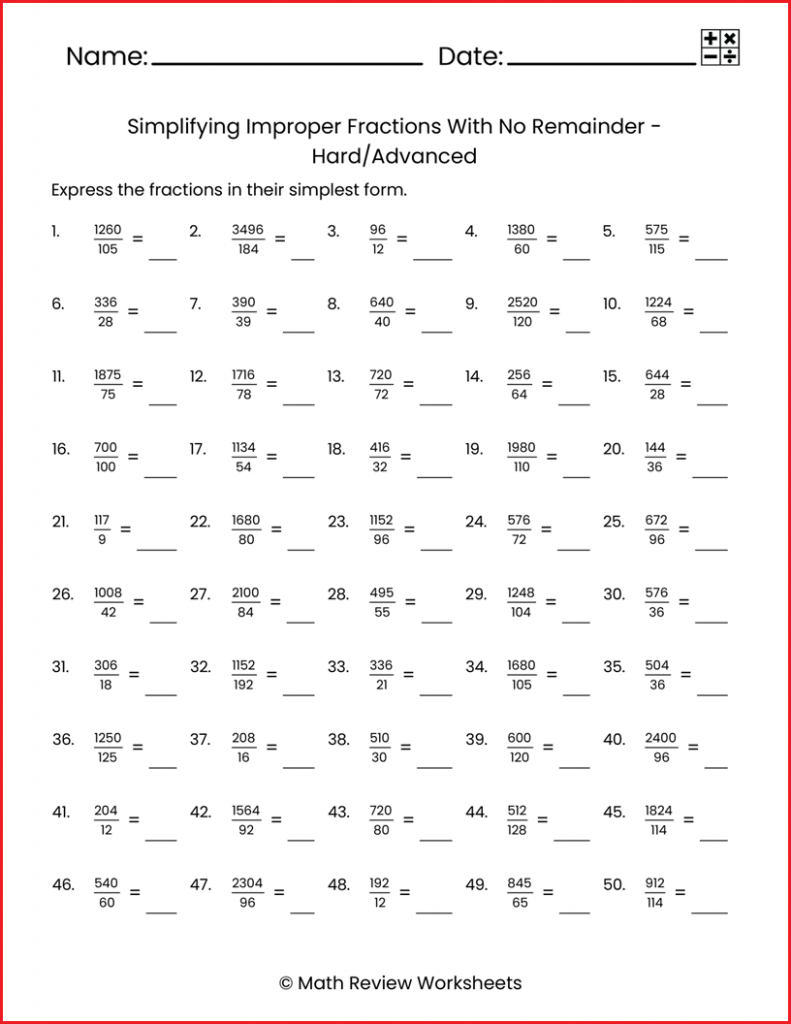 Simplifying Improper Fractions With No Remainder Hard Math Review Worksheets