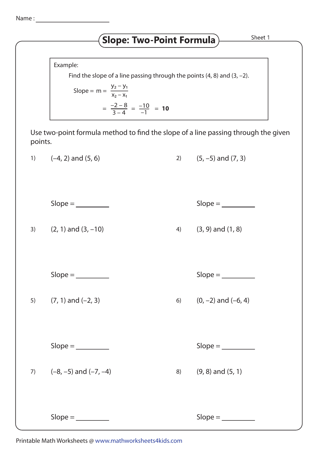 slope from two points worksheet