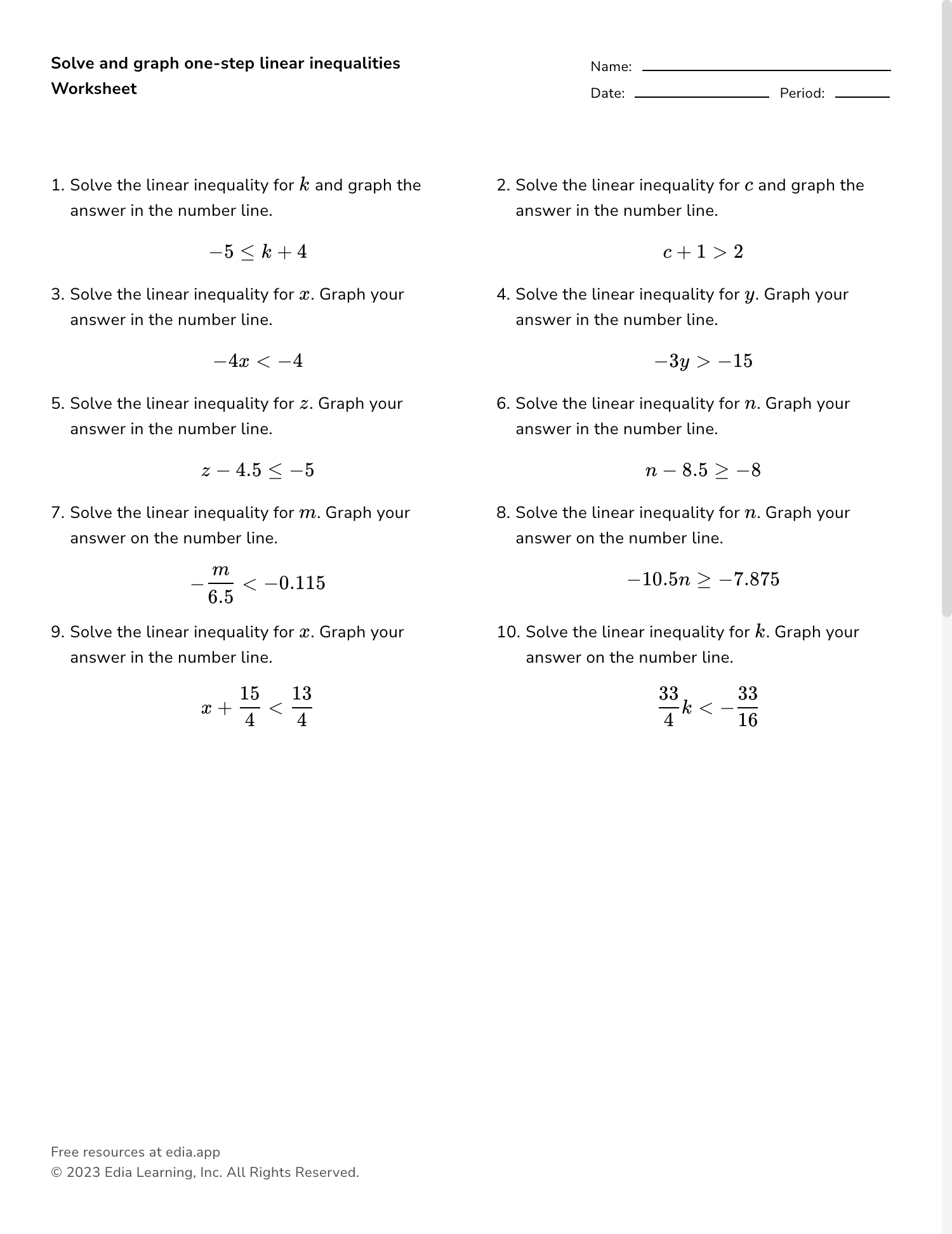 one step inequalities worksheet