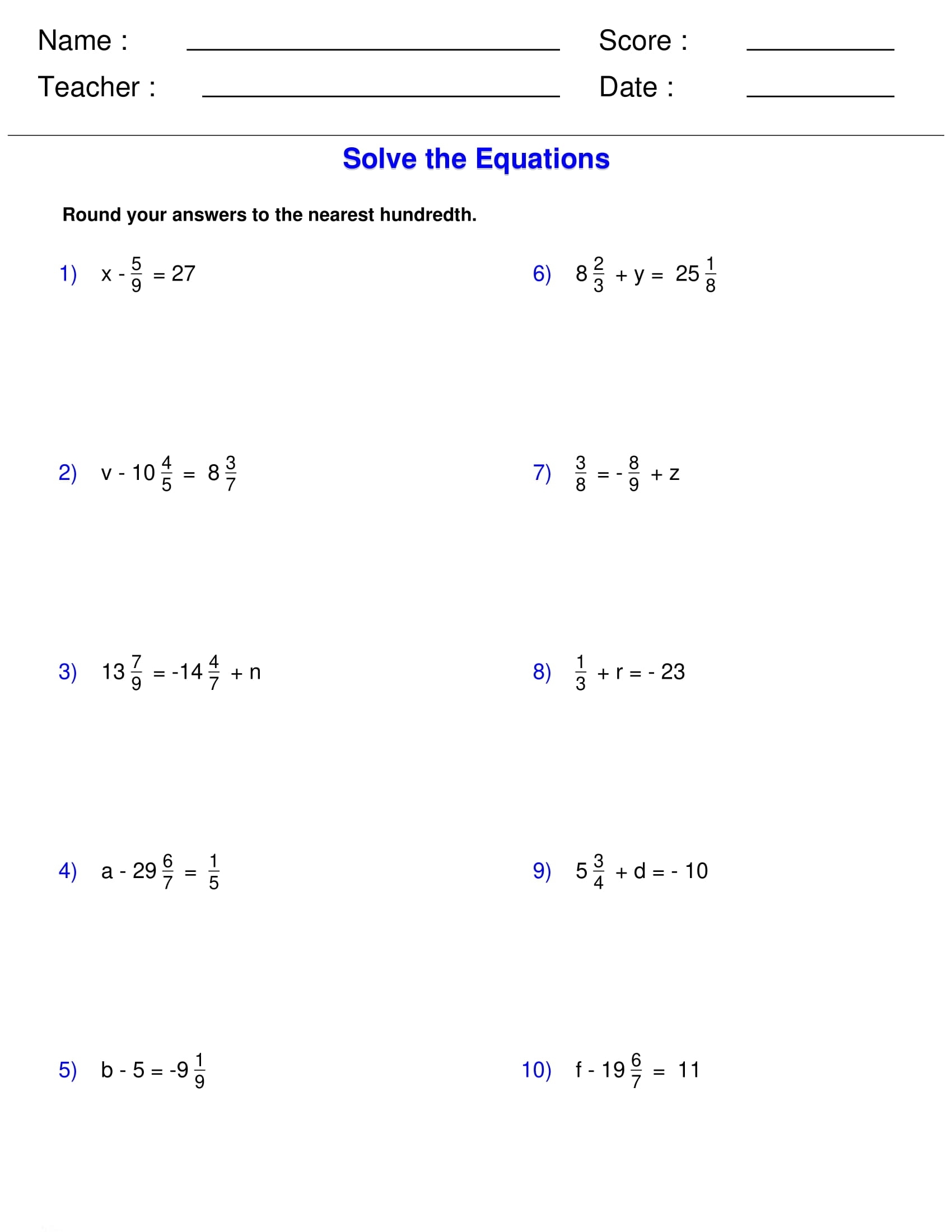 solving single step equations worksheet