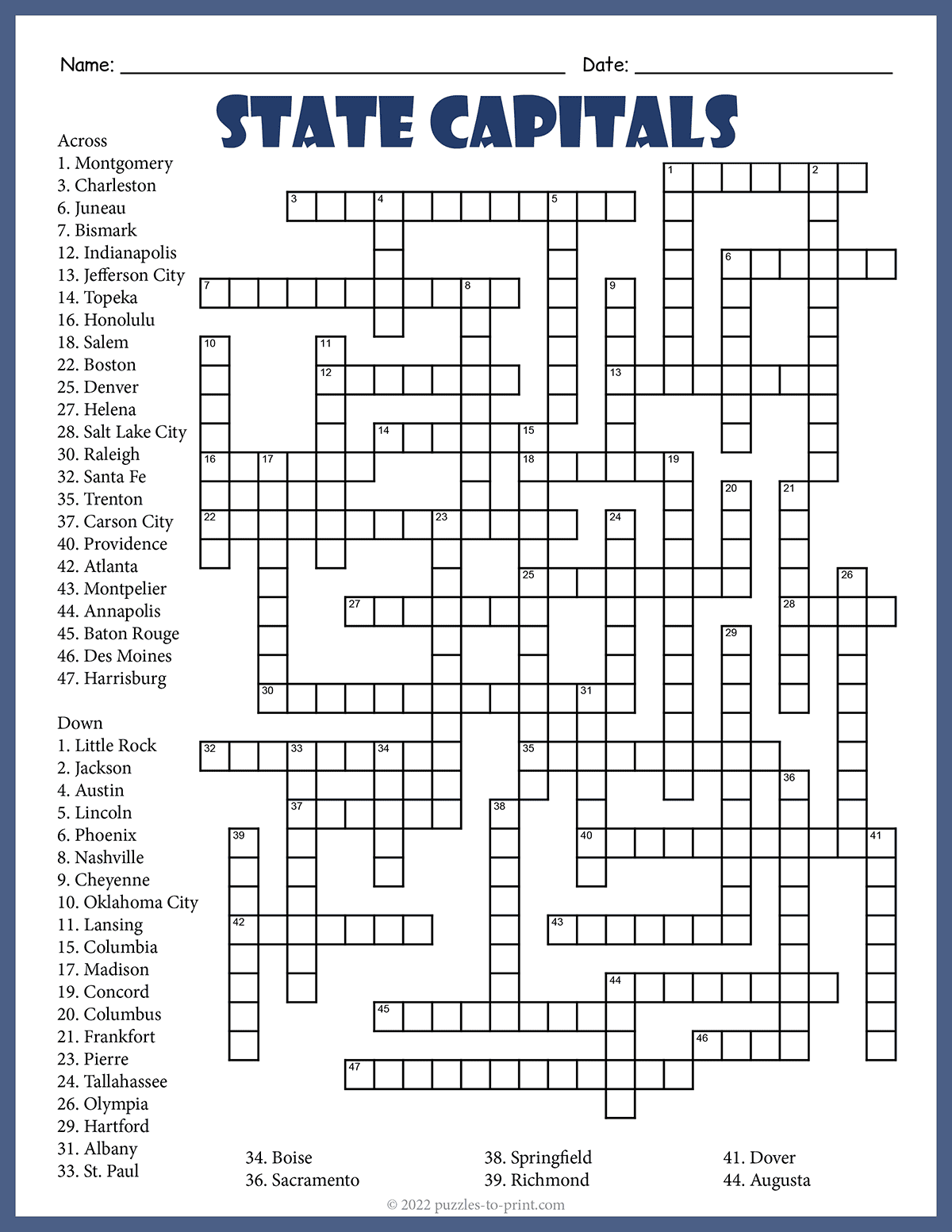 State Capitals Crossword