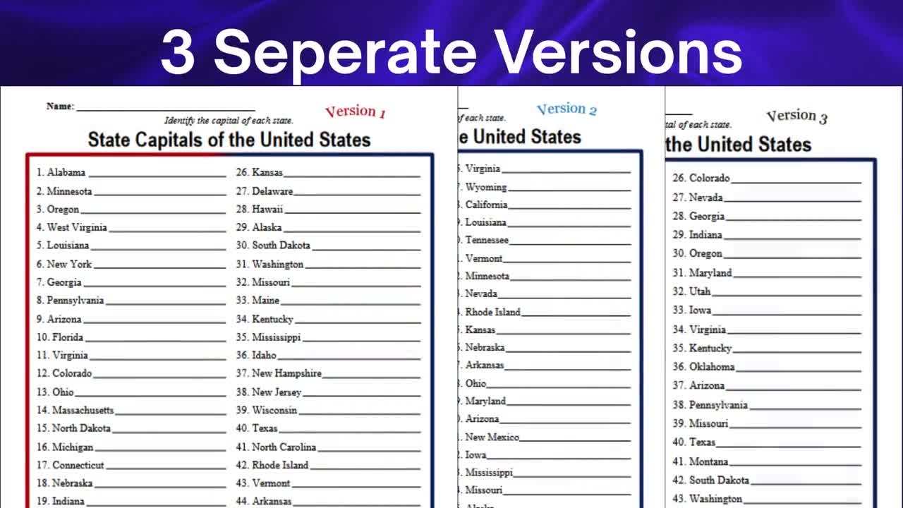 state capitals printable quiz