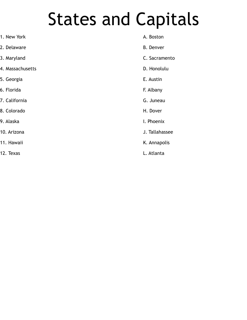 states and capitals printable