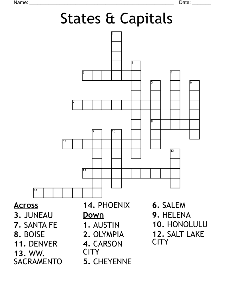 States Capitals Crossword WordMint