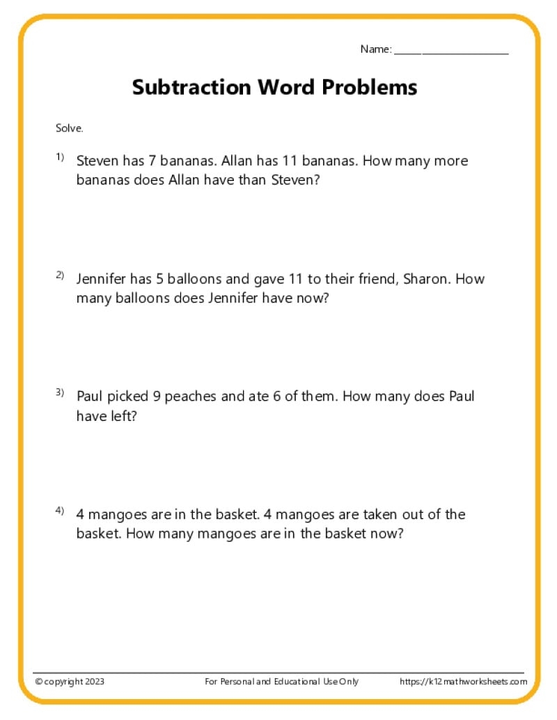 Subtraction Word Problems K12 Math Worksheets Subtraction Word Problems K12 Math Worksheets