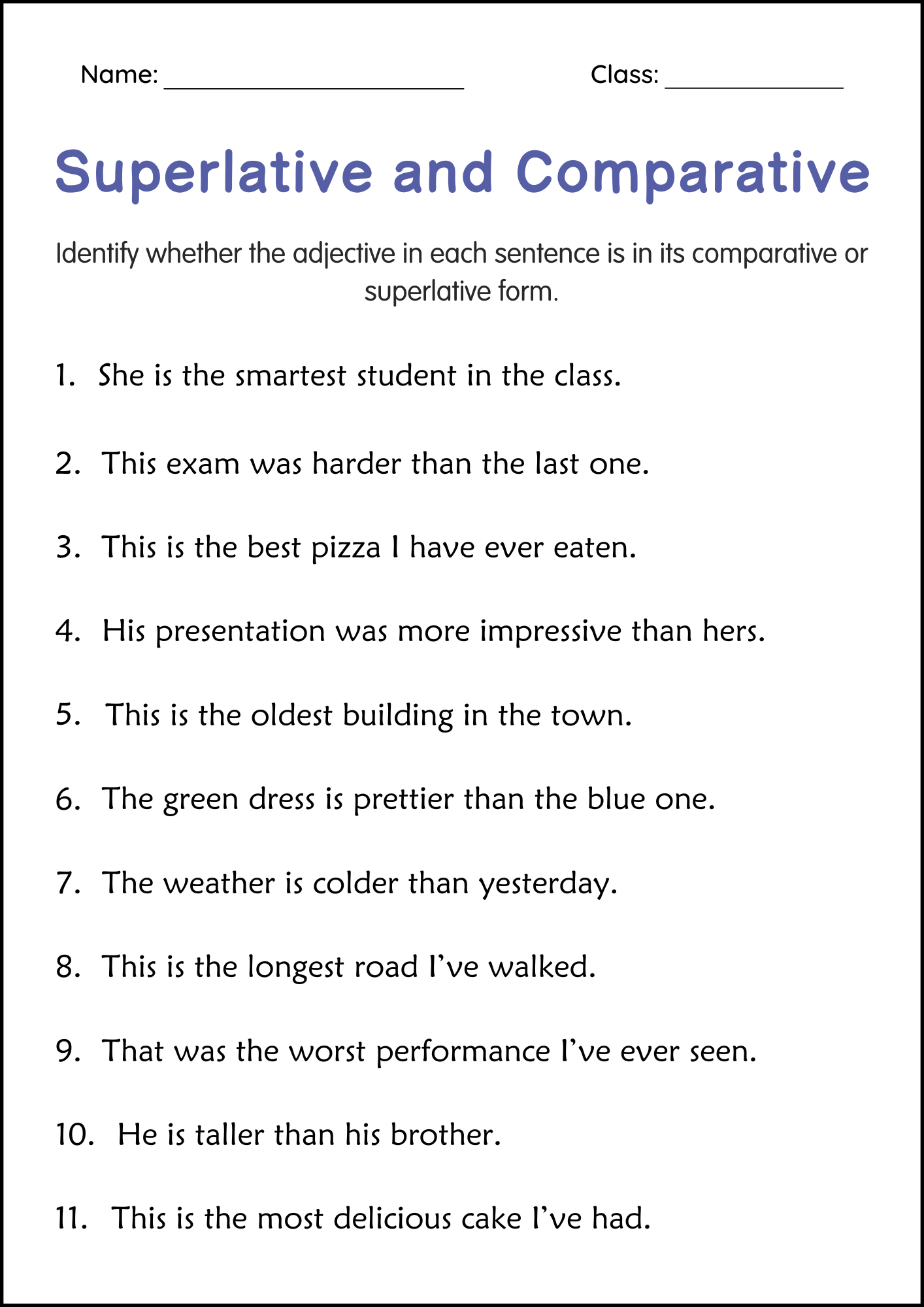 Superlative And Comparative Adjective Grammar Worksheets For Grade 2 3 4 Made By Teachers
