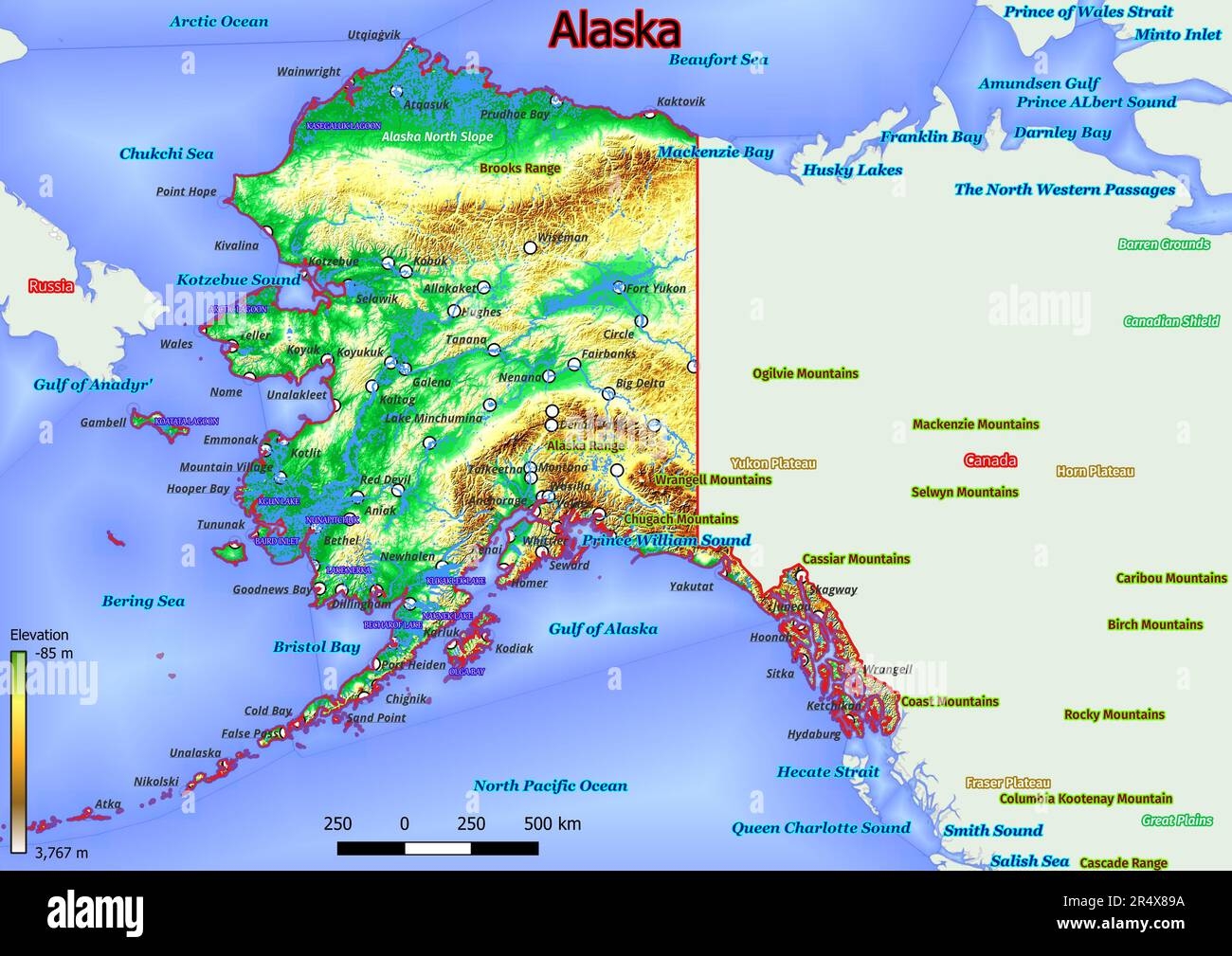 The Physical Map Of Alaska Reveals A Rugged And Diverse Terrain With Vast Mountain Ranges Glaciers And Expansive Forests Its Coastline Is Lined Stock Photo Alamy