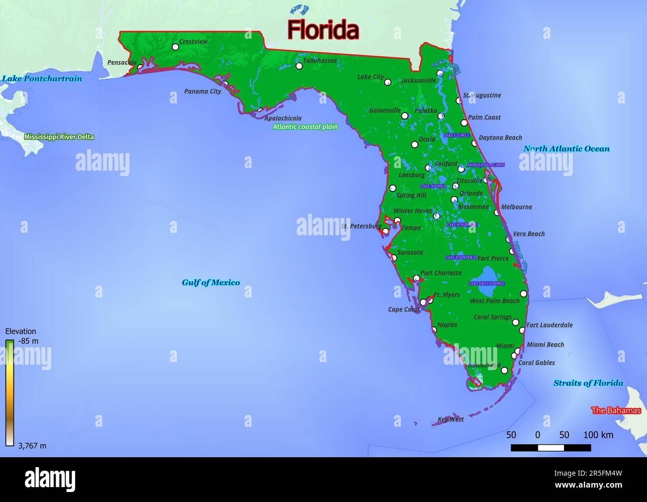 The Physical Map Of Florida Displays A Varied Terrain With Rolling Hills Fertile River Valleys And Dense Forests Stock Photo Alamy
