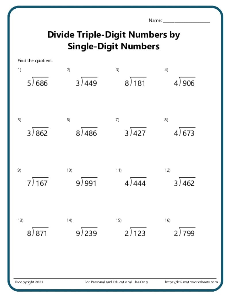Triple Digit Division K12 Math Worksheets
