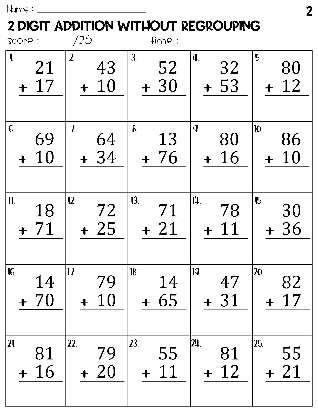 Two Digit Addition Without Regrouping Worksheets Etsy