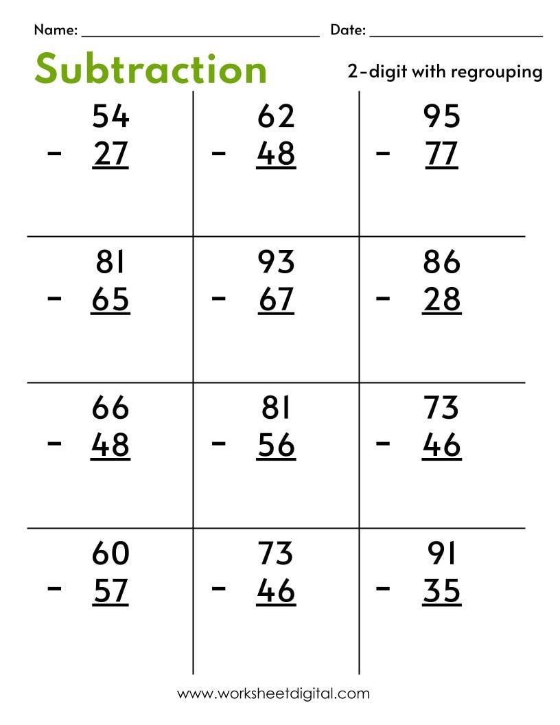 Two Digit Subtraction Worksheets With Regrouping PDF Etsy