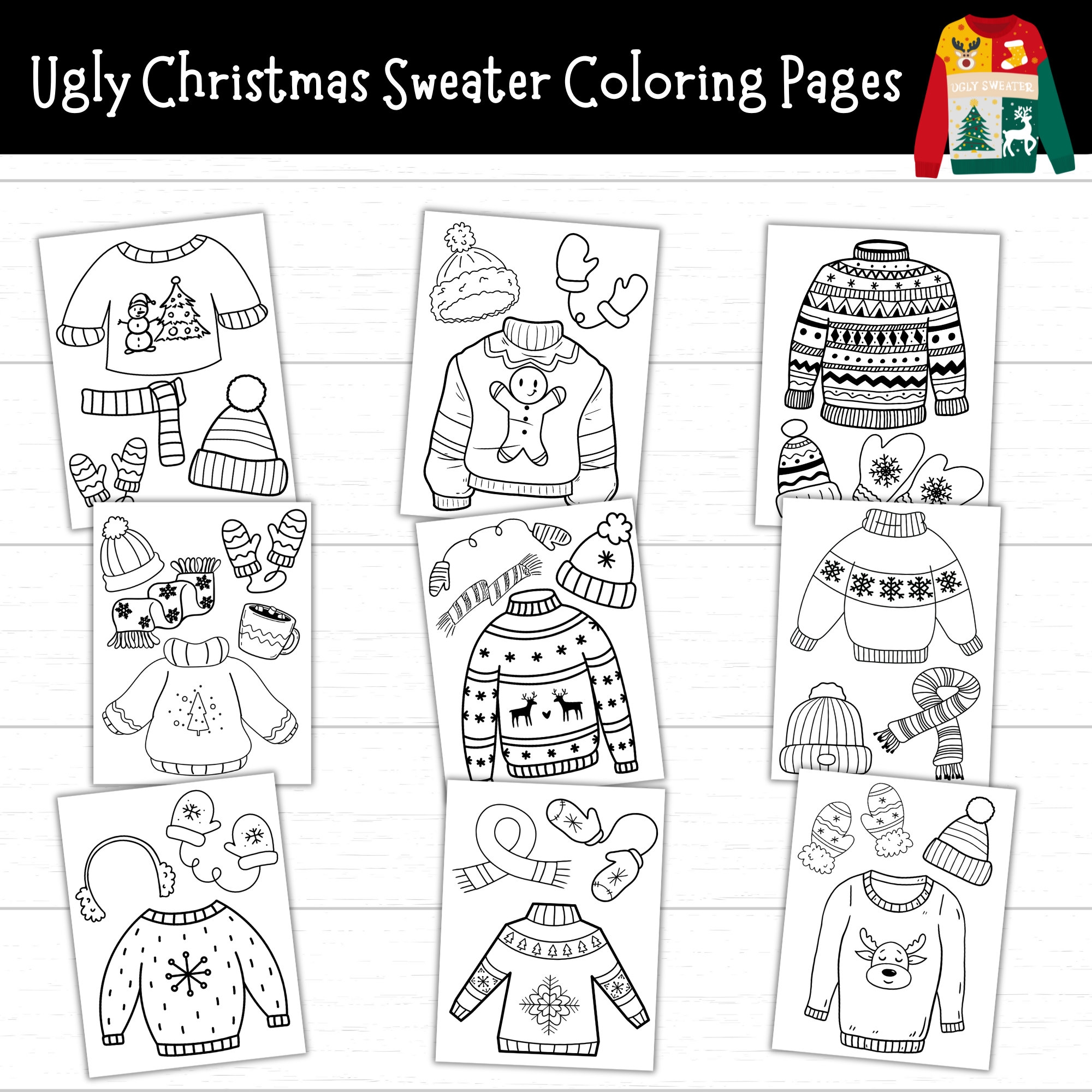 Ugly Christmas Sweater Coloring Pages For Kids Printable Holiday Activity Sheets Winter Crafts Christmas Fun Christmas Coloring Pages Etsy