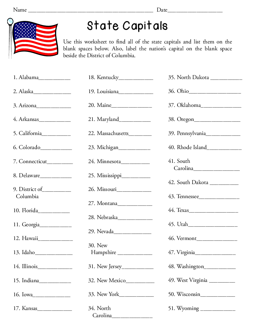 us state capitals quiz printable