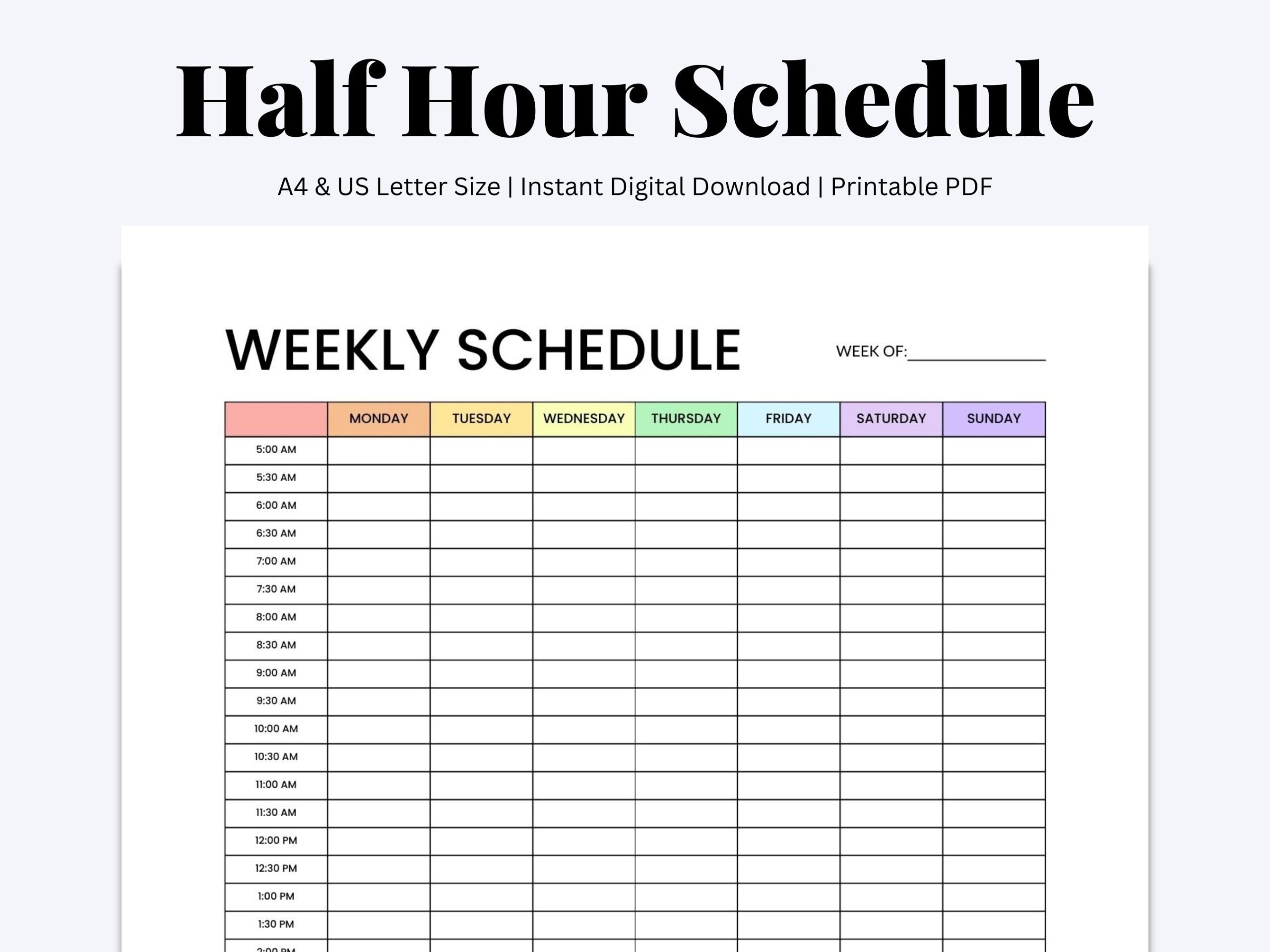 Weekly Schedule Half Hour Weekly Planner Hour By Hour Planner Block Time Schedule Productivity Planner Printable PDF US Letter A4 Etsy
