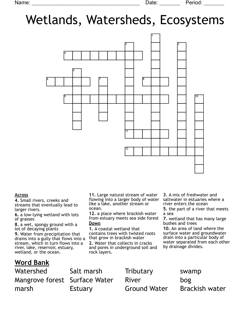 Wetlands Watersheds Ecosystems Crossword WordMint