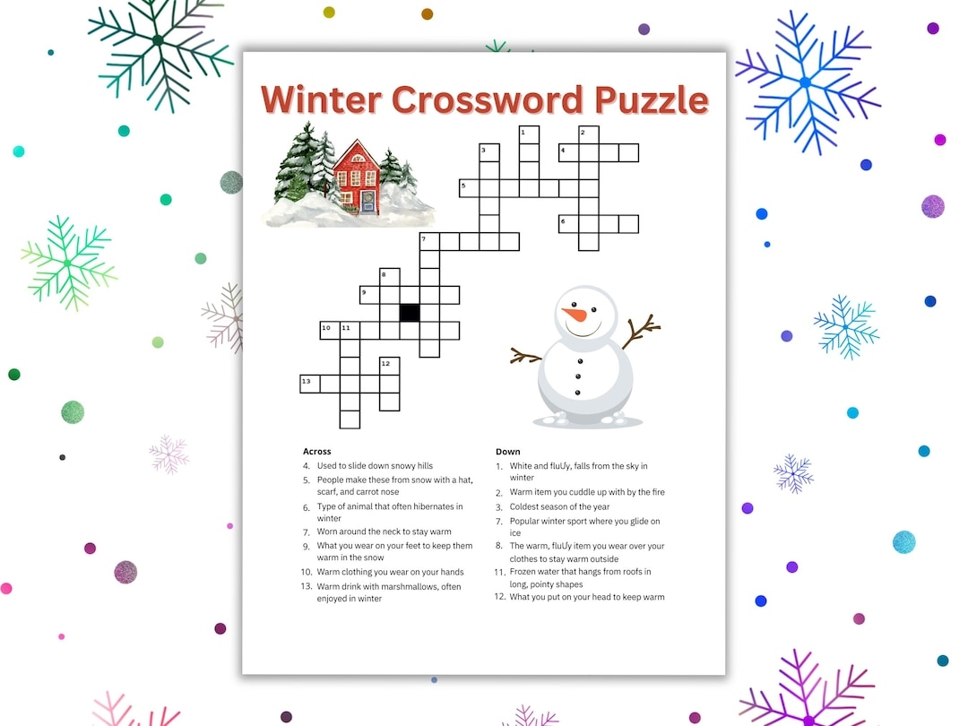 Winter Crossword Puzzle Printable Worksheet Game For Kids Adults Seniors Family Winter Game Etsy