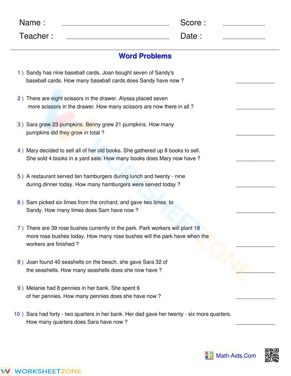 Word Problems Mixed Operations Worksheet