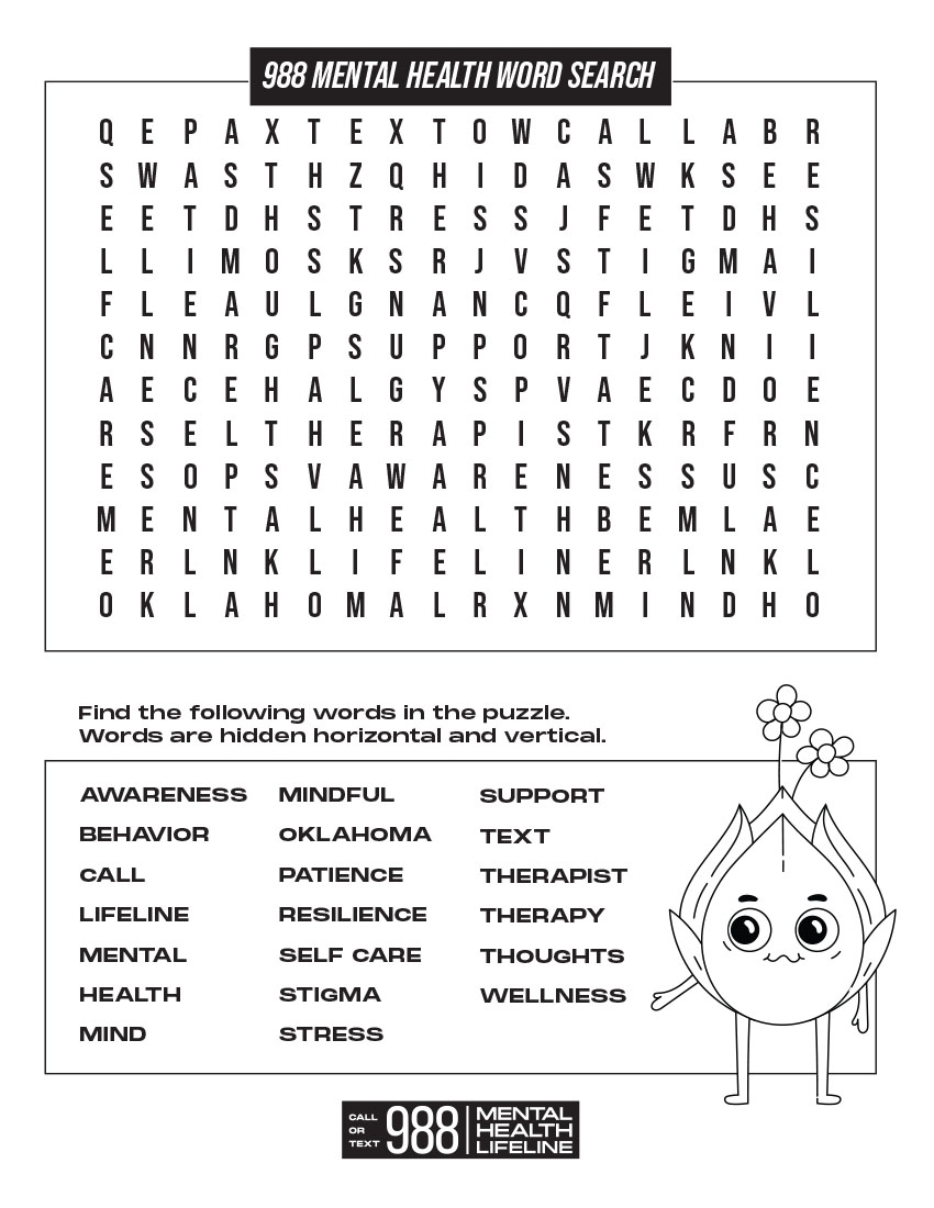 Word Search Activity Sheet 988 Oklahoma s Mental Health Lifeline Word Search Activity Sheet 988 Oklahoma s Mental Health Lifeline