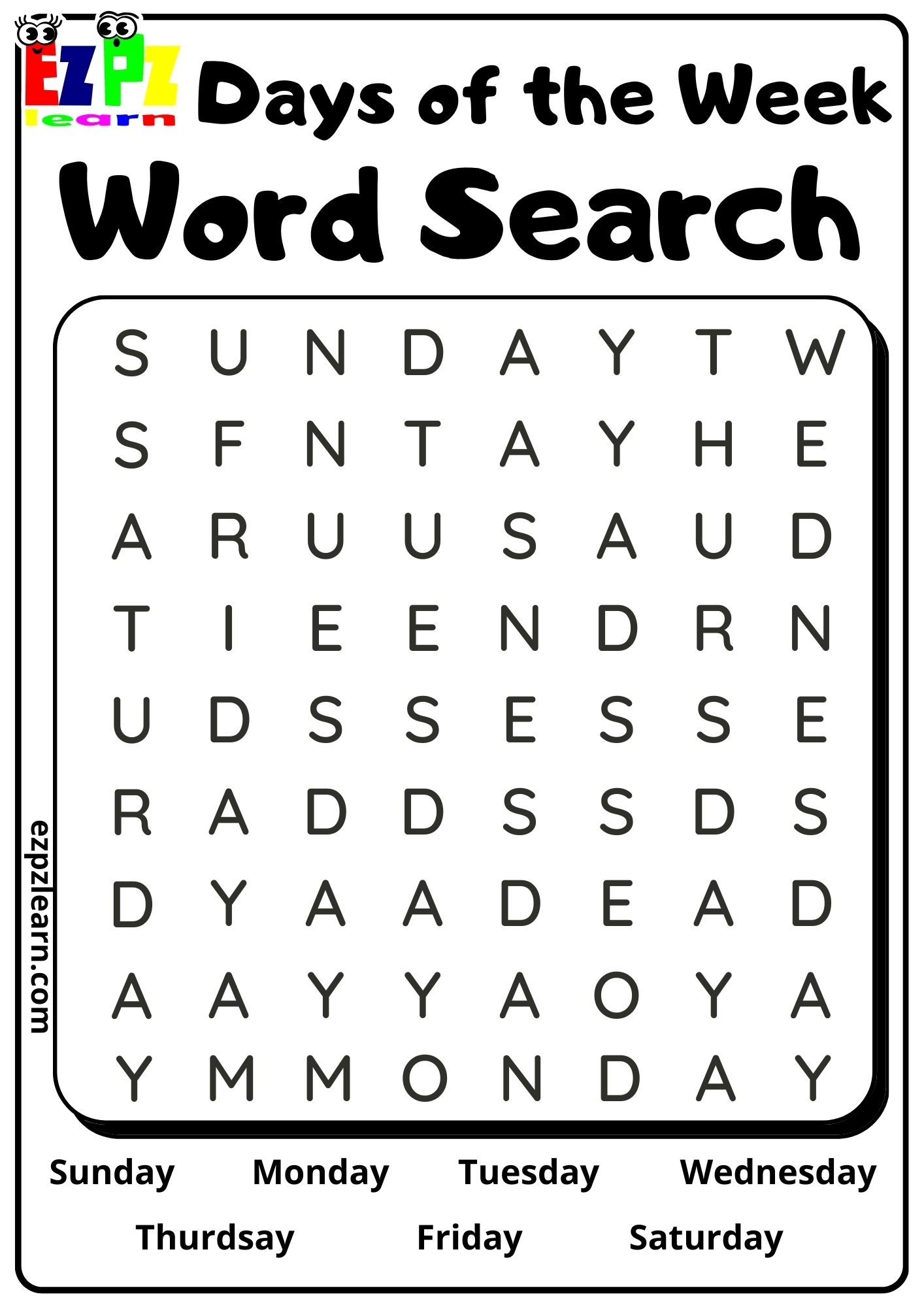 Word Search Days Of The Week Free PDF Download Ezpzlearn