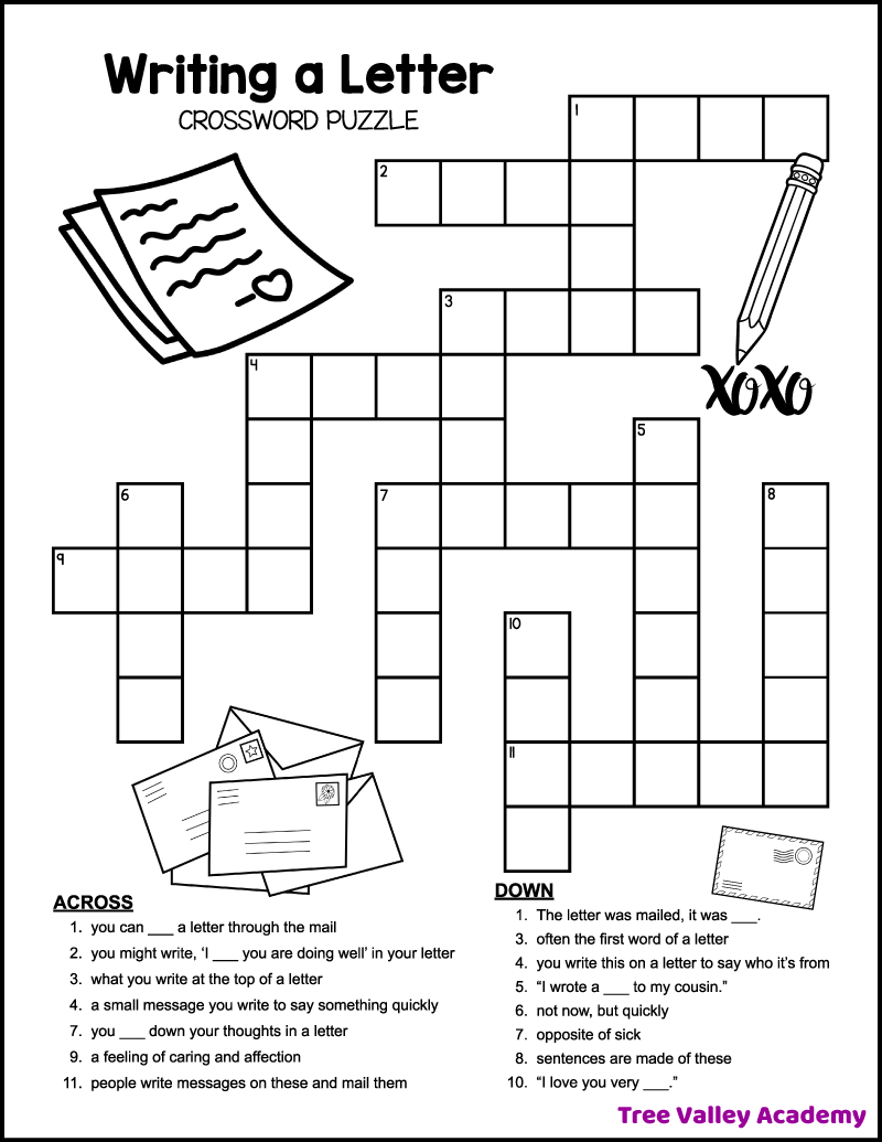 Writing A Letter Crossword Puzzle For Kids Tree Valley Academy
