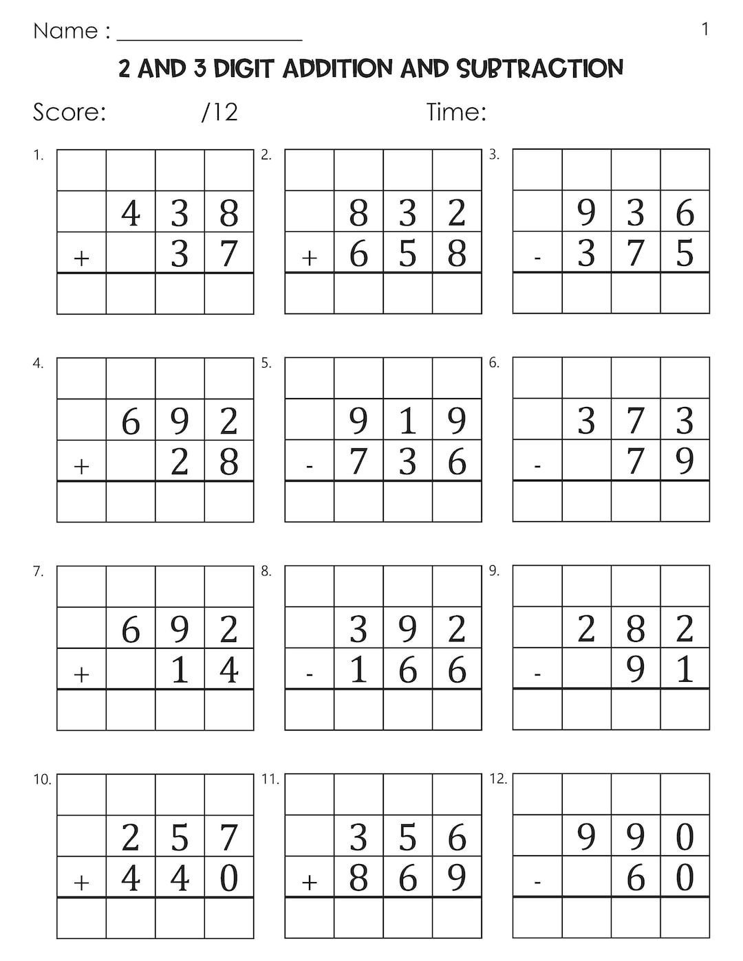100 Two And Three Digit Mixed Addition And Subtraction With Grid Worksheets Etsy Norway