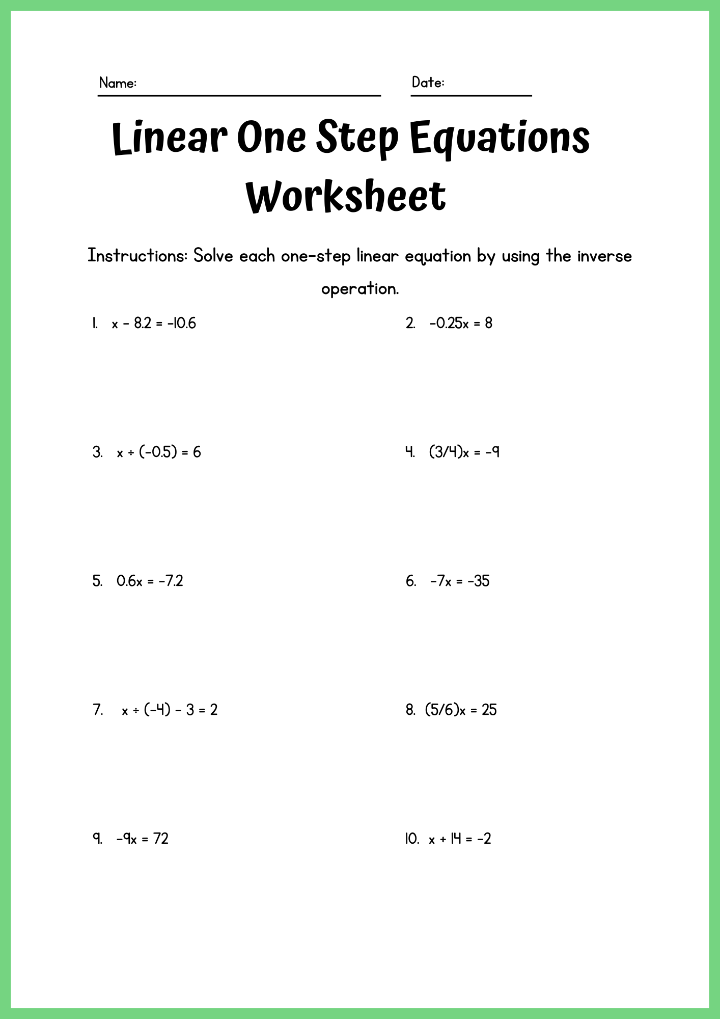 50 Free Printable One Step Equations Worksheet To Download In PDF